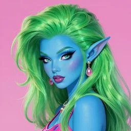 Elf girl with blue skin, alien skin, blue elf, blue, blue-skinned elf, green hair, glam hair, hairspray, big hair, wild hair, 80s hair, glam make-up, 80s, illustration, fantasy art, trending on ArtStation, 1980s fantasy art