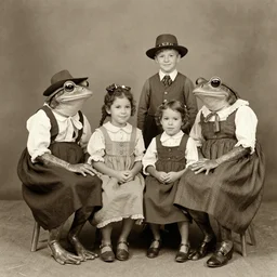 frogs wearing old timey clothes, vintage family photo of a frogs wearing old timey clothes, sepia