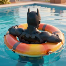 a close - up photo taken from behind of batman, he is using a colorful life preserver and relaxing, he is floating over a giant pool, golden hour, high detail, unreal engine 5, trending on artstation
