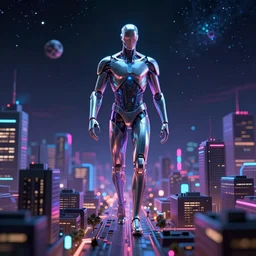 pro - vida, cosmic integration, at first, man is within himself. then he leaves himself, goes to his city ; after his city by greg rutkowski and thomas kinkade, trending on artstation, cosmic color scheme, macro up view of a giant human metallic of 1 km of hight walking on the city, tron, close up bokeh, neon, glow, darkness, dramatic, sharp focus, octane render, imax