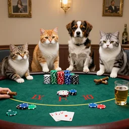4 cats and dogs at a poker table playing poker, large bet, big pot, cigars, beer, whiskey, realistic, - 5