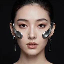 hyper detailed symmetrical head shot portrait flash photograph of a woman wearing futuristic abstract facial jewellery. black background.