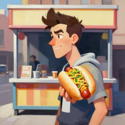 greg manchess portrait painting of new york hotdog stand overwatch character, medium shot, asymmetrical, profile picture, organic painting, sunny day, matte painting, bold shapes, hard edges, street art, trending on artstation, by huang guangjian and gil elvgren and sachin teng