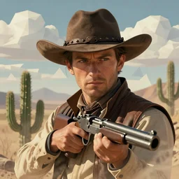 gunslinger in the wild west with polygonal clouds and cactus, light dust, magnificent, close up, triangles in background, details, sharp focus, elegant, highly detailed, illustration, by jordan grimmer and greg rutkowski and pine ( ハイネ ) and 薯 子 imoko and 香 川 悠 作 and wlop and maya takamura, intricate, beautiful, trending artstation, pixiv, digital art