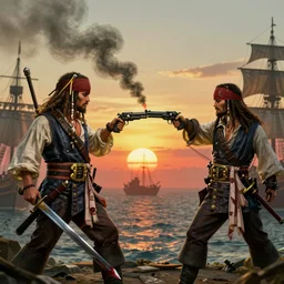 two pirates, one with a sword and one with a gun, facing each other in a duel to the death, gun pirate has a smoldering barrel of gunpowder smoke behind him, and the sword pirate has a bloody sword in his hand, sun is setting in the background, ship on the horizon!, portrait 4 / 3, dramatic, digital art, fantasy, octane render, unreal engine, high detail, artstation, greg rutkowski, james gurney, gene wolfe, gustave dore, jesper ejsing, rhads, makoto shinkai, ilya kuvshinov