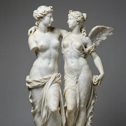 sculpture of venus de milo and aphrodite embracing hyperrealistic style in carrara marble