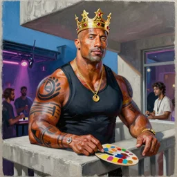 palette knife oil painting portrait of dwayne johnson, a king - with gold crown with rubies, man in mafia wear and australian aboriginal body paint, concrete balcony, nightclub, artstation trending, artgerm, any racial background, deviant art, hipster, octane, substance, art history 8 k