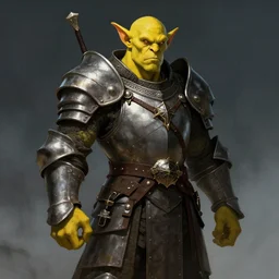 handsome yellow orc wearing medieval suit of armor, illustration, concept art, art by wlop, dark, moody, dramatic