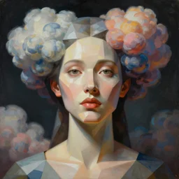 a neoclassicist sci - fi close - up portrait of a geometric woman becoming colorful puffy cartoon clouds. reflective detailed textures. studio lighting, dark background. highly detailed fantasy science fiction painting by, moebius, norman rockwell, frank frazetta, and syd mead. high contrast. artstation