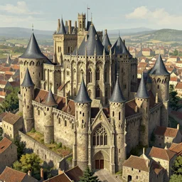 long shot, medieval city of carcassonne, digital art, intricate, highly detailed, digital painting, artstation, concept art, sharp focus, illustration, art by artgerm and greg rutkowski and alphonse mucha