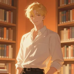 library of ruina character named roland, orange library background and matching korean artstyle, standing pose, blank expression,