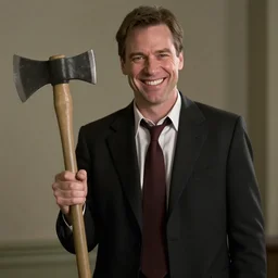 Thierry Baudet grinning and holding a hatchet in the movie American Psycho