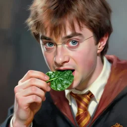 harry potter eating spinach, intricate, fictional character, dynamic pose, dramatic lighting, realistic shaded lighting, pastel shades, expressively loose brush strokes, perfect face, 8 k realistic, hyper detailed, digital painting, artstation, concept art, hyper detailed eyes, art by sam spratt and peter mohrbacher and james jean