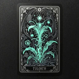 bioluminescent fantasy flora tarot card, lithograph illustration, black paper, intricate details, dark fantasy, occult, grimdark, elegant, ornate, trending on artstation grand mansion, flowing relaxing texture.