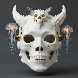 symmetrical biomechanical mask of a demon space by Roberto Ferri. beautiful princess. vintage bulb. white plastic. human skull jellyfish butterfly phoenix head. burning water. intricate artwork by Tooth Wu and wlop and beeple and dan mumford and greg rutkowski. halo. octane render, cinematic, hyper realism, octane render, 8k, depth of field, bokeh. iridescent accents. vibrant