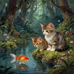 two kittens in the enchanted forest watching the goldfish in the stream, fantasy, intricate, extremely detailed, matte, artstation, art by greg rutkowski, louis wain, alan lee