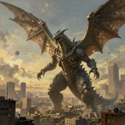 winged kaiju attacks the city, atmospheric lighting, painted, intricate, golden hour, ultra detailed by peter gric, giger, enki bilal