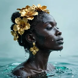 hyperrealistic precisionist cinematic profile very expressive! black oshun goddess, in water! up to shoulders, mirror dripping droplet!, gold flowers, highly detailed face, digital art masterpiece, smooth eric zener cam de leon, dramatic pearlescent turquoise light on one side, wide shot low angle uhd 8 k, tilt shift