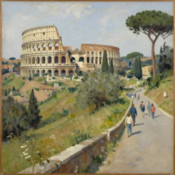 a painting of a hill side, in the background you can see the ancient city of rome, there is a road to the right side with a group of people walking on it, hyper detailed, very realistic, visible paint layers, in a frame, thick brush strokes.