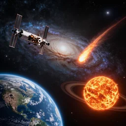 cosmic universe, milky way galaxy, space station and fiery comet, earth and moon in foreground, mars, saturn, sun, high detail, realistic, unreal engine