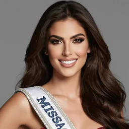 Fine art photo of the most beautiful woman of the Miss Universe, she is posing while maintain a sweet eye contact to the camera, she is mexican, she has perfect white teeths, matte painting