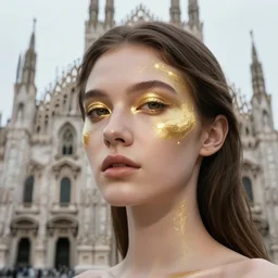 portrait of a beautiful young goddess'face merging with a cathedral building, golden cyberpunk face make - up, etheric, emotionally evoking symbolic metaphors, head in focus, ornamental, intricate, elegant, golden ratio, sharp focus, illustration, art by ernst haeckel, h. r. giger, john william godward, gustav klimt,