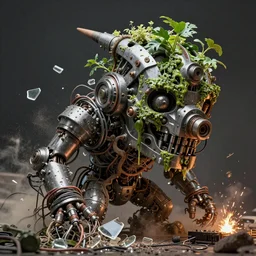 metal complex heavy machinery creature, head, plants covered in slime, tree roots strangled, glass debris pieces, dust particles, dramatic lighting, electronic wires, fire sparks, high resolution photo,