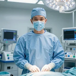 A high resolution photograph of a surgeon standing in an operating room, surrounded by new technology and glitter, infused with lightning, very aesthetic, surgical gown and scrubs on, full length, exquisite detail, post-processing, masterpiece, cinematic, 8k, magazine cover