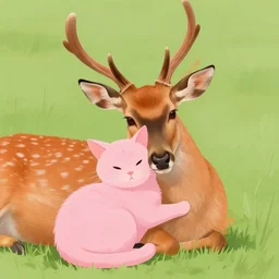 orange deer hugging pink cat