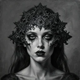 dramatic matte portrait painting of woman with black mandelbrot fractal instead of face, in style of zdzisław beksinski, horror, body horror, dark, disturbing, extremely detailed,