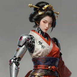 an epic fantastic realism comic book style portrait painting of a japanese robotic geisha with kanji tattoos and decals, apex legends, octane render, intricate detail, 4 k hd, unreal engine 5