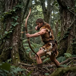 a ancient hunter creeping through woods filled with large trees and vines, holding a bow and arrow, wearing animal skin clothing, in the style of guy denning