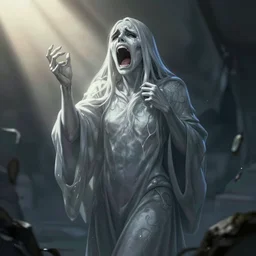 a roaring and crying ghost, tall, silver skin, illustration, cinematic lighting, 8 k, d & d, frostbite 3 engine, dof, artstation, intricate, digital art, crepuscular ray, art by tsuyoshi nagano, greg rutkowski, artgerm, alphonse mucha