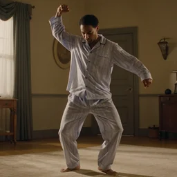 film still of a man dancing in pajamas, 8 k