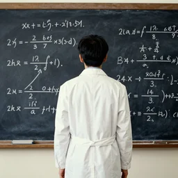 fishman wearing a lab coat standing in front of a blackboard covered in scientific notation kodachrome washed out color vintage