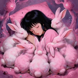 Keeping you sane, And you fade away just enough, You felt the edge again, You took two pills And you fell asleep, Hugging six rabbits And having pink nightmares, concept art, trade on artstation, sharp focus, psychedelic, by Yoshitaka Amano, Greg Tocchini, Zdzisław Beksiński, Extremely high detail, realistic, fantasy art, masterpiece, Hyperrealism. Subsurface scattering. Octane Render. Weirdcore