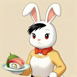 A portrait of 蔡英文 in Bunny clothes as Forrest Gump, nekomimi, with Sushi and Sashimi on left hand, red eyes, symmetrical facial features, 8k