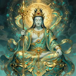 Cinematic, concept art, portrait of Batara Guru, god of revelations, digital art, in the style of Hokusai and James Gurney, masterpiece, epic, illustration, trending on artstation + Incredible aqua and golden gothic illustration + Exquisite detail