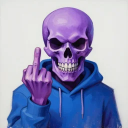 stylized!! angular!!! painting of a angry purple skull holding up its middle finger, blue hoodie, visible brush strokes