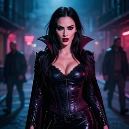 a 2 8 mm closeup photo of megan fox posing as a vampire in emo clothing in a street in a misty night in louisiana, intricate, hyper detailed, smooth, high contrast, neon, volumetric lighting, octane, moebius, greg rutkowski, blade runner, ripley scott, mad max, cinematic