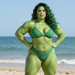 portrait of a posing thick muscular green she - hulk at the beach with her arms behind, summer, sea, hot day, sunlight, broad robust and strong figure, long curly green hair, well toned muscles, beautiful, highly detailed, sharp focus, donato giancola and thomas kinkade, pinup