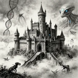 medieval castle in the clouds, charcoal style, da vinci, dna, dune, extraterrestrial, graffiti, jurassic, nuclear, bioluminescence, jmw turner, monet, hirohiko araki, beeple, digital art, trending on art station, 8 k