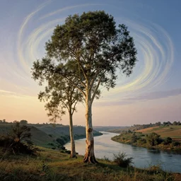surreal landscape, surrealism, poplar tree river valley at sunrise, swirly sky, esao andrews, victor enrich, dali