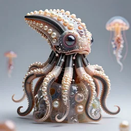 incredibly realistic, too detailed sculpture, biomechanical amphibian medusa, made of lab tissue, carbon fibers, real pearls, jellyfish gelatin, octane render, bump mapping, macro image, global illumination, 8k, bokeh