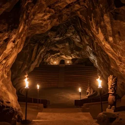 amphitheater inside a cave, lit by torch lights, surrounded by tiki torches