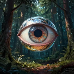 a big eye floats above the ground in a dense forest, illustration by john taylor dismukes and dave lafleur, luis royo, smooth shading, ultra detailed, high resolution, cinematic, chrome art, rich deep colors, unreal 6