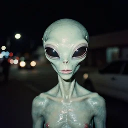 analog medium format film blurry street night flash photography close up the alien portrait in roswell, 6 0 s hasselblad film street photography, featured on unsplash, vintage expired colour film photograph