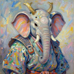 a magical fantastic samurai with a elephant mask, by claude monet, made with millions of stroke, japanese inspiration, wonderful details, vivid colors, crazy colors, pale sober colors, anime inspiration, ghibli vibes