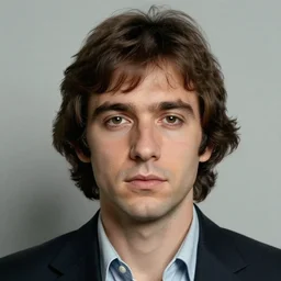 A mugshot portrait of a man who looks like Jerma985 with short length wavy hair and a slightly receded hairline and thin bangs, wearing mid 1980s menswear in the late 1980s, taken in the late 1980s, grainy, realistic, hyperrealistic, very realistic, highly detailed, very detailed, extremely detailed, detailed, trending on artstation, front facing, front view, headshot and bodyshot, detailed face, very detailed face