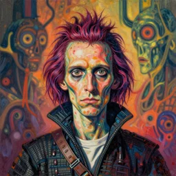 flowerpunk scally samurai, risograph grainy painting, blurred, acrylic paint, high resolution, gouache on canvas, ultra detailed, vibrant colors, grotesque, wrapped thermal background, by francis bacon, beksinski painting, close - up wide portrait